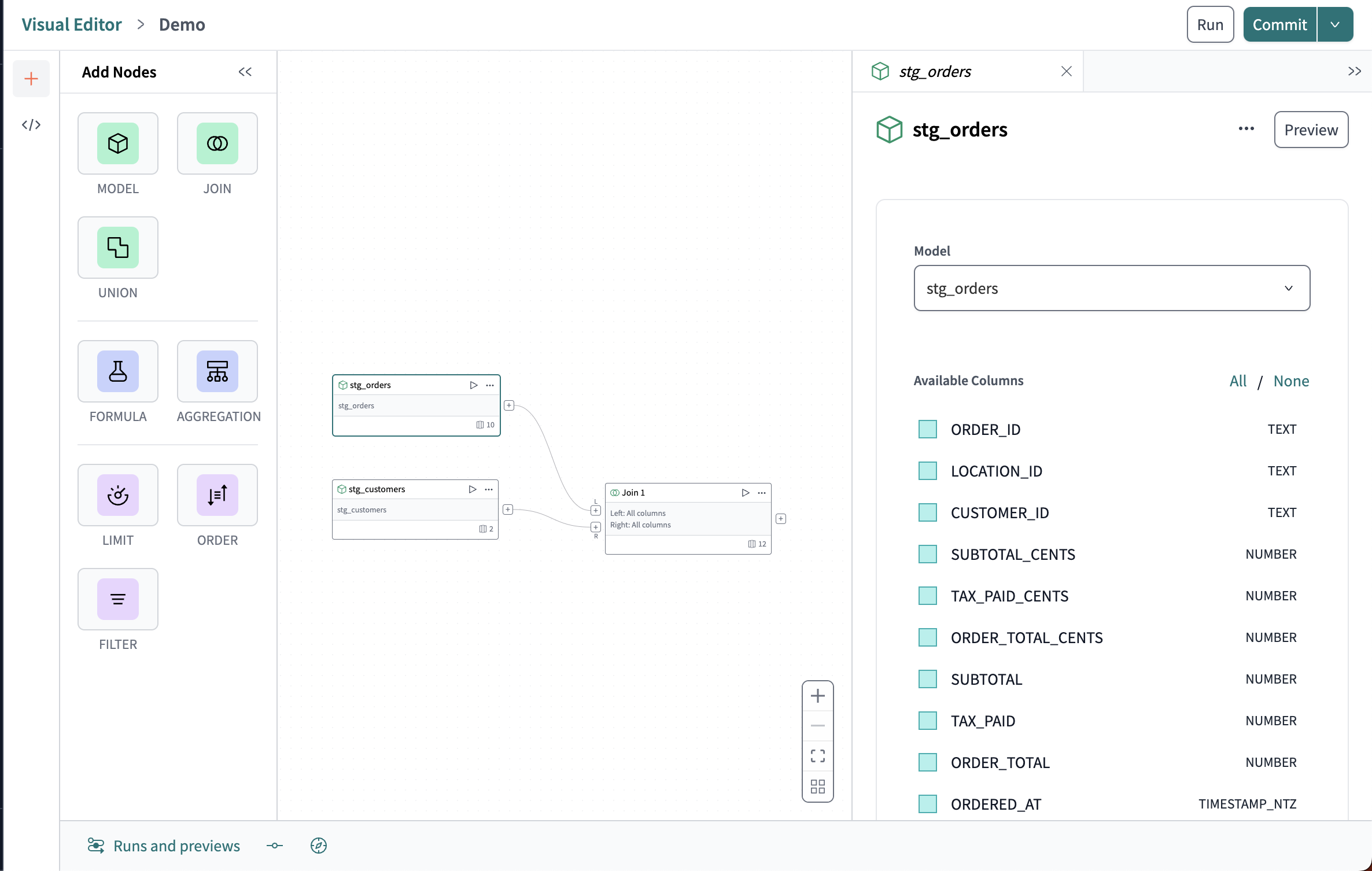 A sleek drag-and-drop canvas interface that allows you to create or modify dbt SQL models.